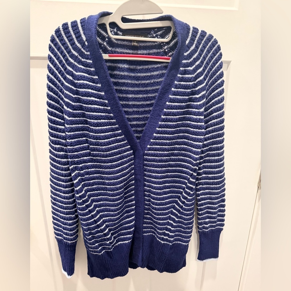 Banana Republic Navy White Striped Cotton Cardigan Sweater Size S